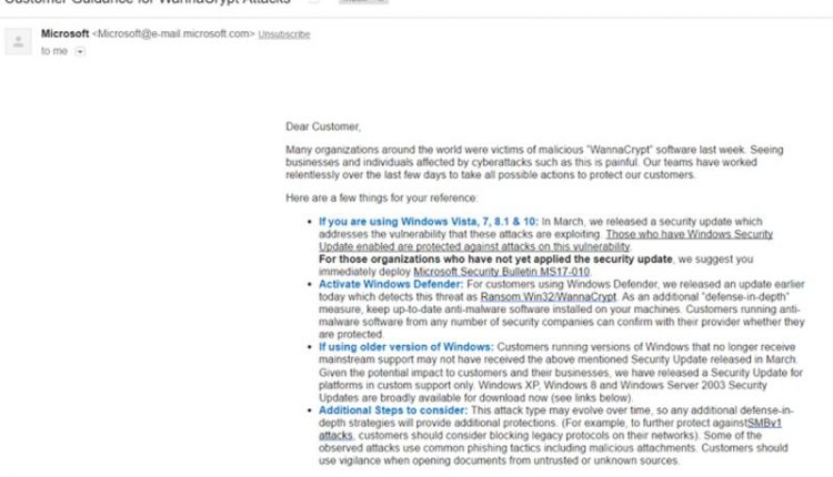 Customer Guidance for WannaCry Attack by Microsoft