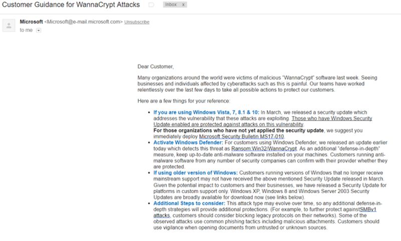 Customer Guidance for WannaCry Attack by Microsoft