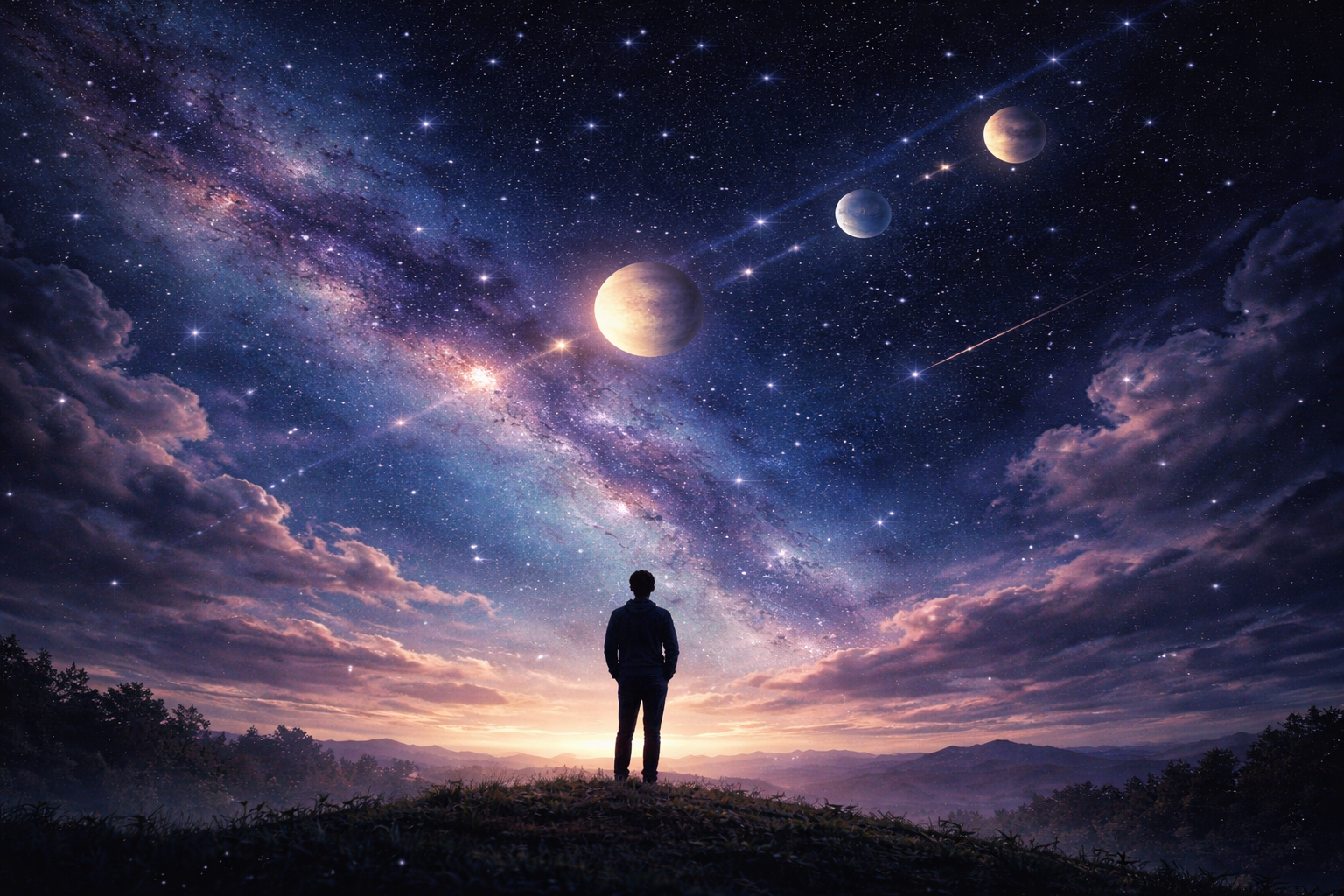 Person standing on hill under starry sky with planets and Milky Way glowing overhead at twilight.