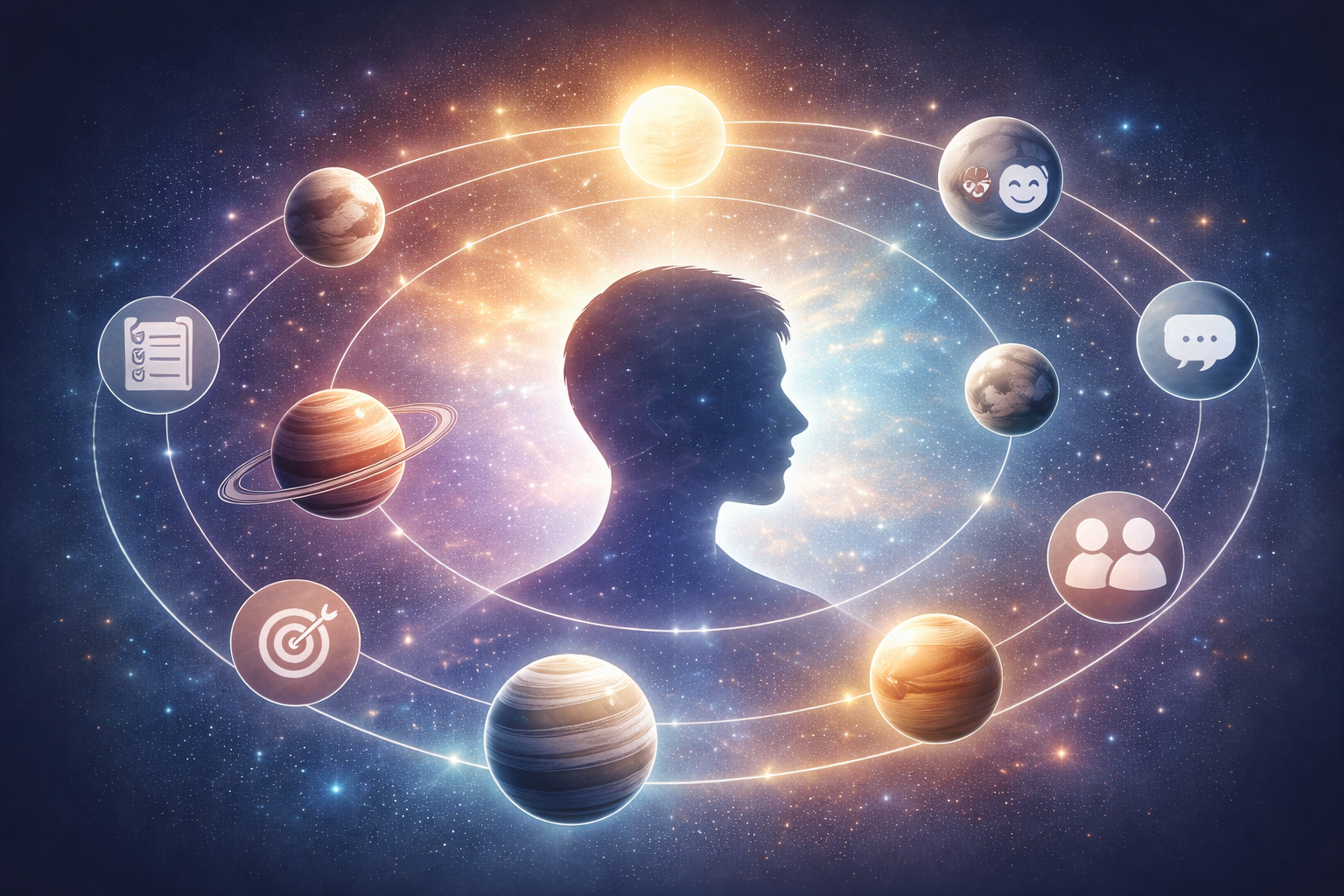 Human silhouette with orbiting planets and icons representing goals, communication, and personal growth in space.