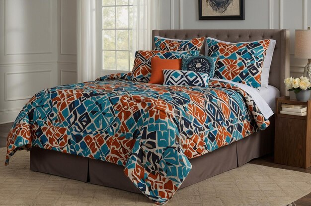Colorful geometric patterned bedspread with matching pillows in a modern bedroom with neutral decor.