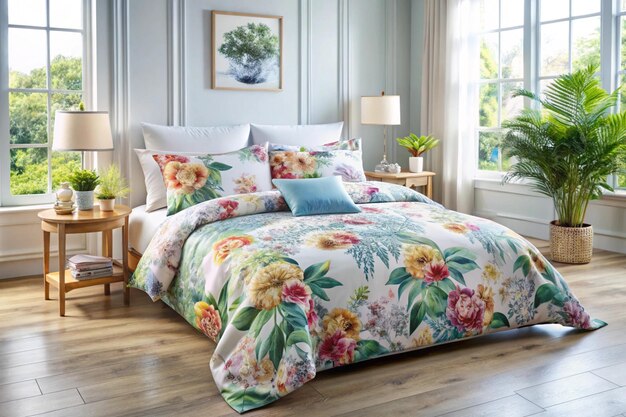 Floral bedding set with soft pastel colors in a bright bedroom with plants and large windows.